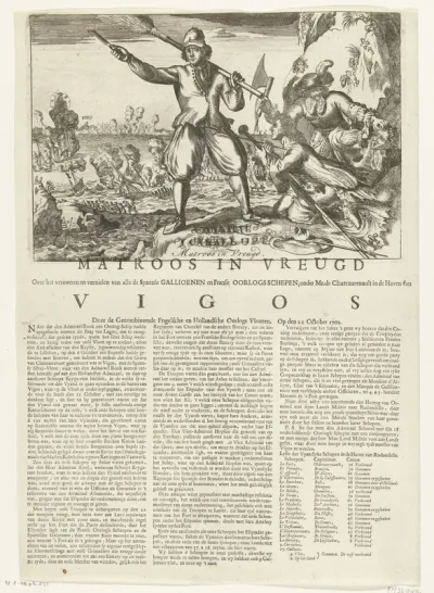 Spotprent op de overwinning op de Fransen en Spanjaarden in de zeeslag bij Vigo, 1702