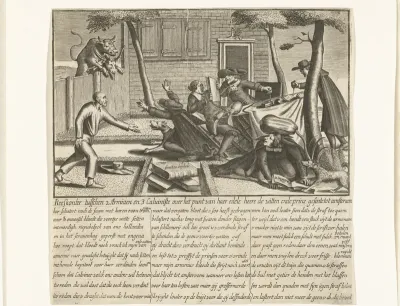 Spotprent op de strijd tussen arminianen en calvinisten over de geboeders De Witt en de prinsgezinden, ca. 1758