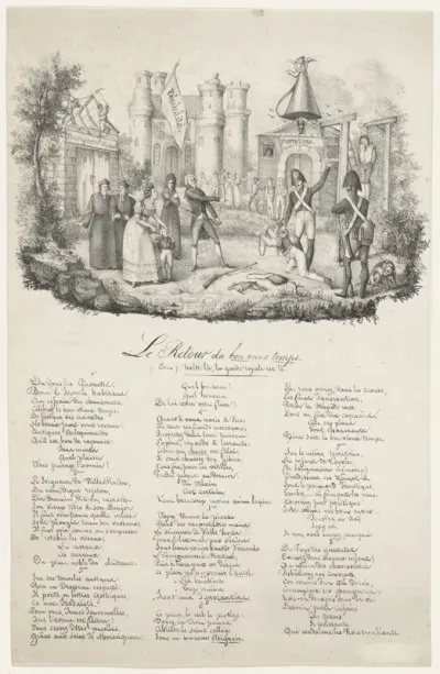 Spotprent op de terugkeer naar de zogenaamde goede oude tijd, 1828