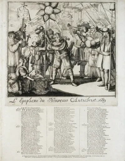 Spotprent op de val van Jacobus II en zijn vlucht naar Frankrijk, 1689