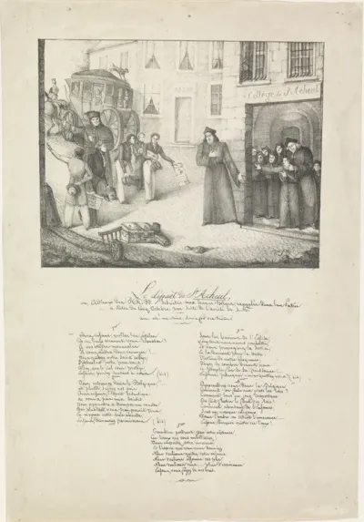 Spotprent op het vertrek van priesterleerlingen uit St. Acheul, 1825