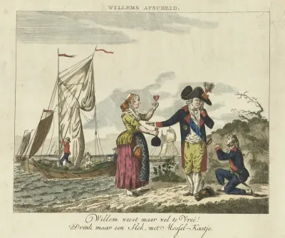 Spotprent op het vertrek van prins Willem V, 1795