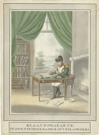 Spotprent op Napoleon: Klaas Bonaparte in zijn studeervertrek op 't eiland Elba, 1814