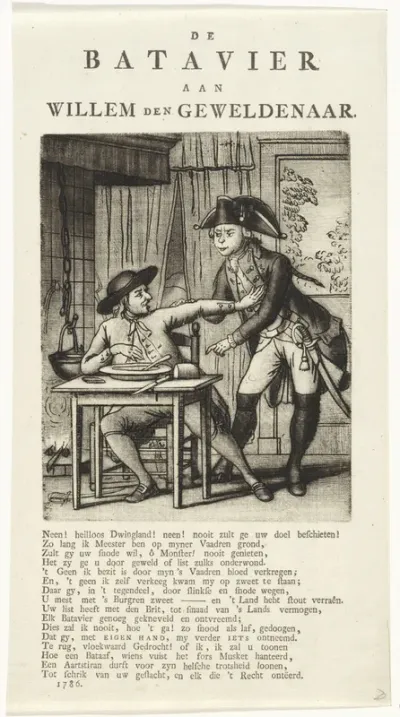 Spotprent op Willem V die een Gelderse boer zijn eten wil afnemen, 1786