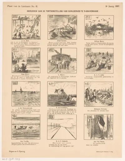 Spotprent over de schilderijen op de tentoonstelling van levende meesters in Den Haag in 1887