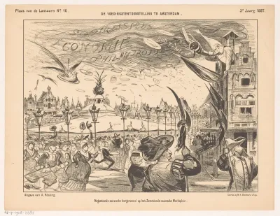 Spotprent over de tentoonstelling van voedingsmiddelen in Amsterdam in 1887
