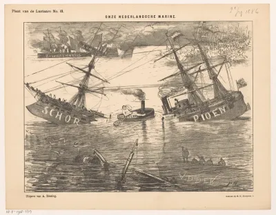 Spotprent over het schip de Schorpioen en de Nederlandse marine