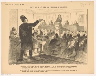 Spotprent over voorstel tot aanpassing op het recht op vereniging en vergadering in 1886