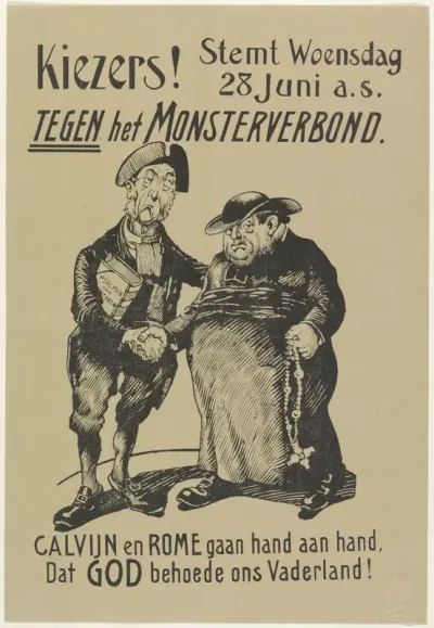 Spotprent tegen het monsterverbond van de christelijke partijen, 1916