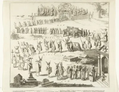 Spotprent van de begrafenis van dominee Abraham van de Velde, 1677