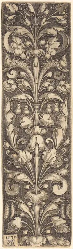 Sprig of Ornamental Foliage with Two Masks and Two Dolphins