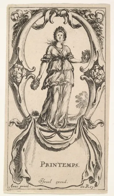 Spring, a young girl within a wreath of flowers in each hand and another on her head, within a cartouche made of flowers, from "The Four Seasons" (Les Quatre Saisons)