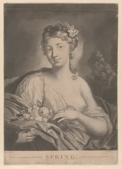 Spring: a young woman holding flowers in her cloak