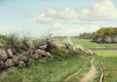 Spring landscape with blooming blackthorn.