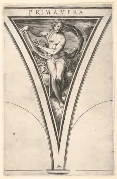 Spring (Primavera) represented as a woman bearing a billowing drape and garlands, a spandrel-shaped composition from "The Four Seasons"
