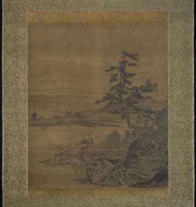 Spring View from a Thatched Pavilion on the Lakeshore