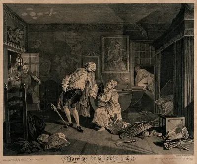 Squanderfield fatally wounded by a rapier leans back as his wife kneels before him; Silvertongue in his nightgown hastily escapes through a window
