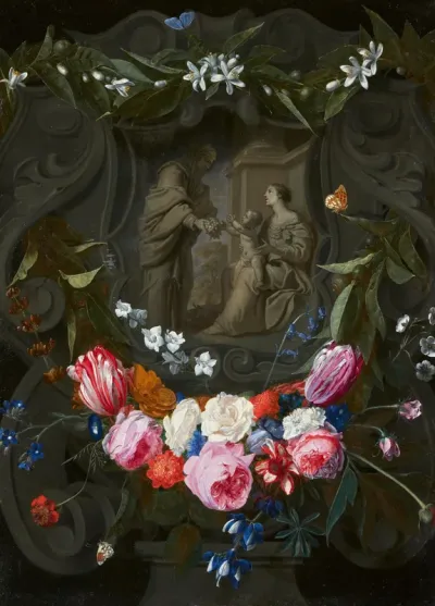 St. Anne handing Grapes to the Virgin and Child. Grisaille Cartouche in a Wreath