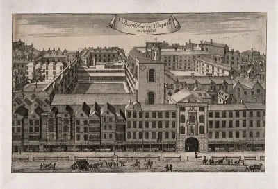 St Bartholomew's Hospital, London: bird's-eye view of the Henry VIII Gate and courtyard