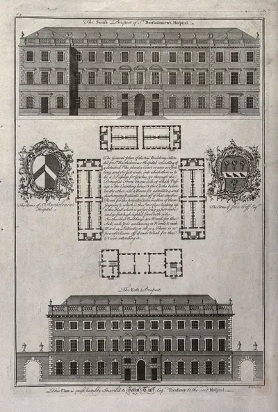St Bartholomew's Hospital, London: elevations and a plan of the courtyard, with armorial emblems of the hospital and of the dedicatee