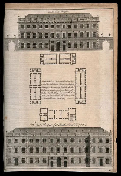 St Bartholomew's Hospital, London: elevations and a plan of the courtyard