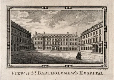 St Bartholomew's Hospital, London: the courtyard, with two figures on the right
