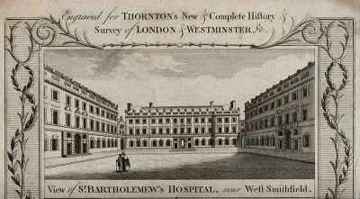 St Bartholomew's Hospital, London: the courtyard with two people on the left