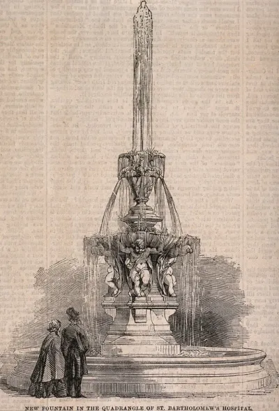 St Bartholomew's Hospital, London: the fountain in the centre of the courtyard with two figures looking at it