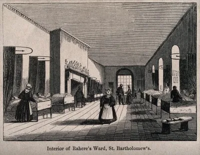 St Bartholomew's Hospital, London: the interior of a ward with nurses and patients