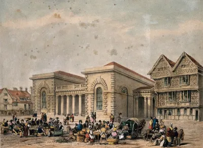 St. Bartholomew's Hospital, London: the receiving room with half-timbered houses to the right and fruit and vegetable vendors setting up stalls in the foreground. Coloured lithograph