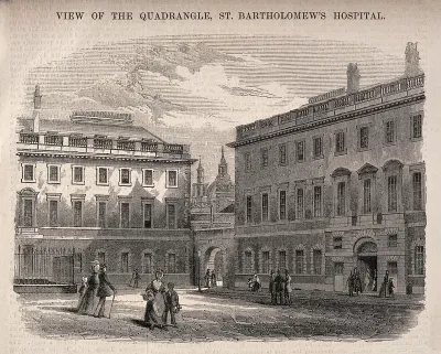 St Bartholomew's Hospital, London: the south-west corner of the Gibbs courtyard, with the dome of St Paul's Cathedral seen behind