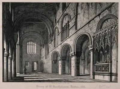 St Bartholomew's Priory Church, London: the interior, looking west, with the tomb of Rahere on the right