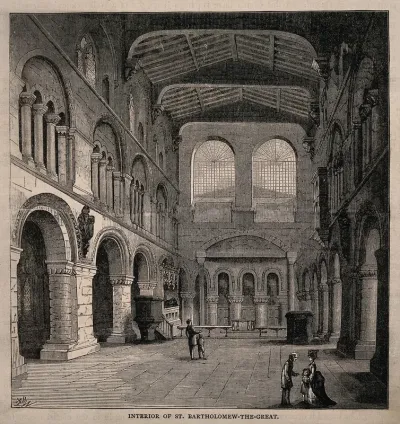 St Bartholomew's Priory, London: the interior looking east, with a family visiting