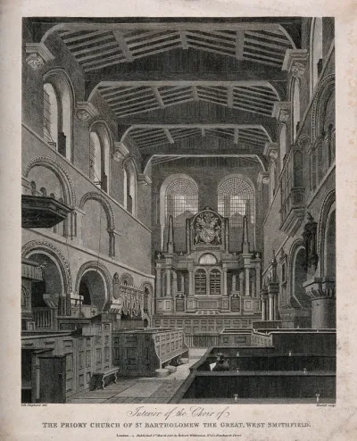 St Bartholomew's Priory, London: the interior looking towards the altar with the artist seated in a pew, drawing
