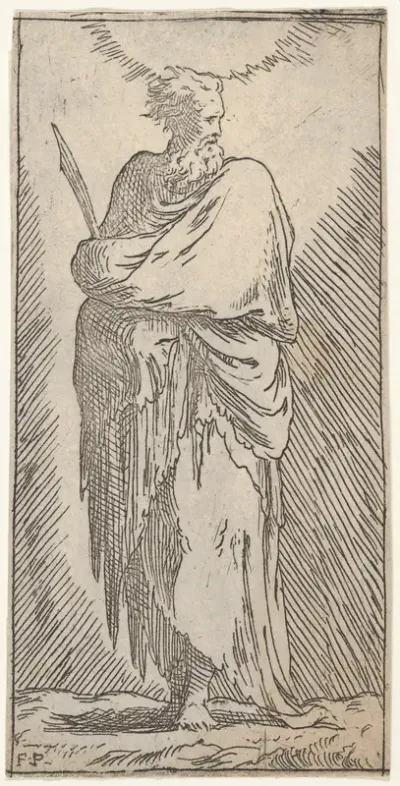 St. Bartholomew, standing in frontal view with head facing to right and holding martyr's palm with both arms, from "Christ and the Twelve Apostles"
