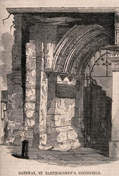 St Bartholomew the Great, London: the western entrance, in a ruined state