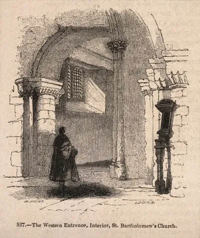 St Bartholomew the Great, London: the western entrance, with a woman walking through
