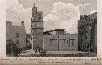 St Bartholomew the Less, London: the exterior, with a lady and child standing by the railings