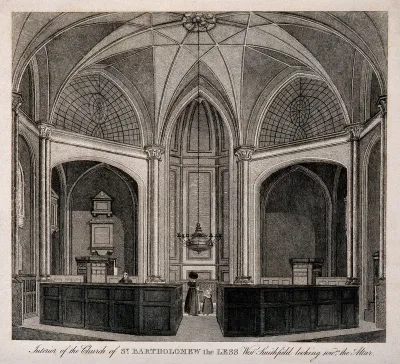 St Bartholomew the Less, Smithfield, London: the interior with a lady and her daughter near the altar, a man half-hidden behind the pews to the left