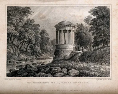St. Bernard's Well by the River Leith, Edinburgh, Scotland. Line engraving by J.B. Allen, 1830, after T.H. Shepherd
