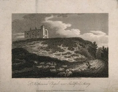 St. Catherine's Chapel, Artington, Surrey: sheep being herded past the ruins. Line engraving by J. Storer, 1808, after himself