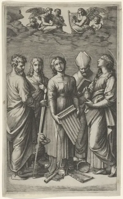 St Cecilia holding an organ, flanked by St Paul, St John the Evangelist, St Augustine and Mary Magdalen, musical angels above