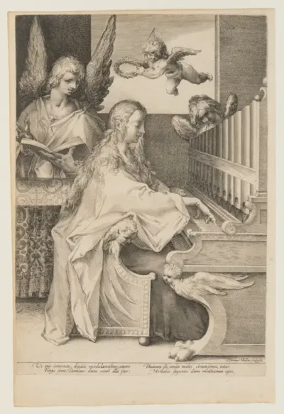 St. Cecilia Playing the Organ with Two Angels