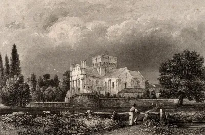 St. Cross Church, Winchester, Hampshire: panoramic view. Engraving by J. Shury & Son after G.S. Shepherd
