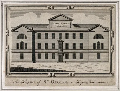 St. George's Hospital, Hyde Park Corner. Engraving by T. White, 1770