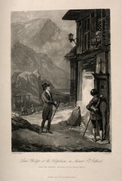 St. Gothard Hospital, St. Gothard, Switzerland: Louis-Philippe, Duke of Chartres, travelling incognito, is turned away when seeking help from the hospital. Mezzotint by J. Franklin after H. Vernet