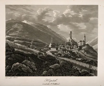 St. Gothard Hospital, St. Gothard, Switzerland: panoramic view. Aquatint after F.X. Triver