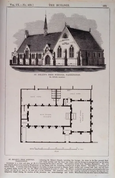St Helen's Free School, Paddington, London: the elevation, above, and the plan, below, with a scale