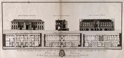 St. Jacques St. Philippe du-Haut-Pas Hospital, Paris: plans and sections. Etching by L.G. Taraval after C.F. Viel, 1780