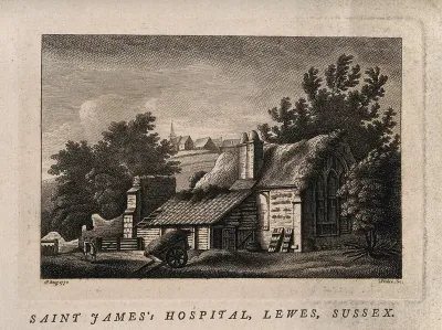 St. James's Hospital, Lewes, Sussex. Etching by J. Peake, 1772